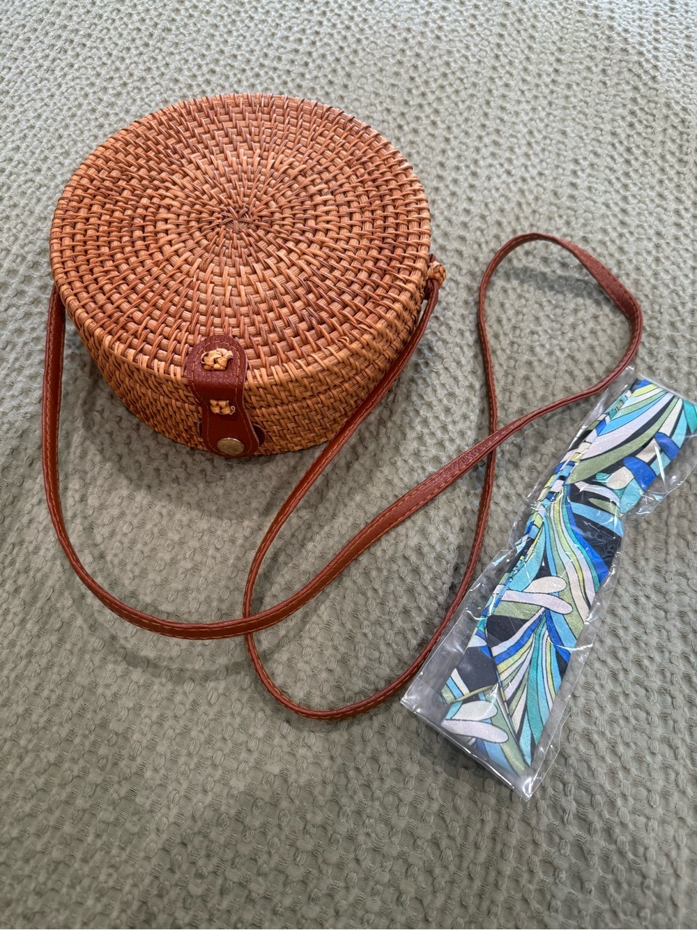 Amazon Round Woven Crossbody Bag in Brown with Leather Strap